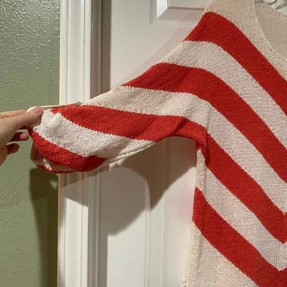 Chicos Womens Sweater 1 Small Chevron Stripe Coral Salmon Ivory Roll-Tab Dolman - Picture 4 of 10